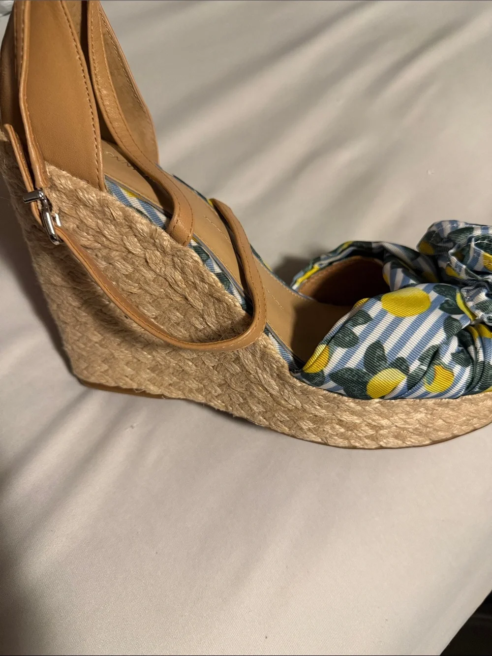 Gianni Bini Tan Espadrille Wedges with Blue, Yellow & Green Floral Ruffle